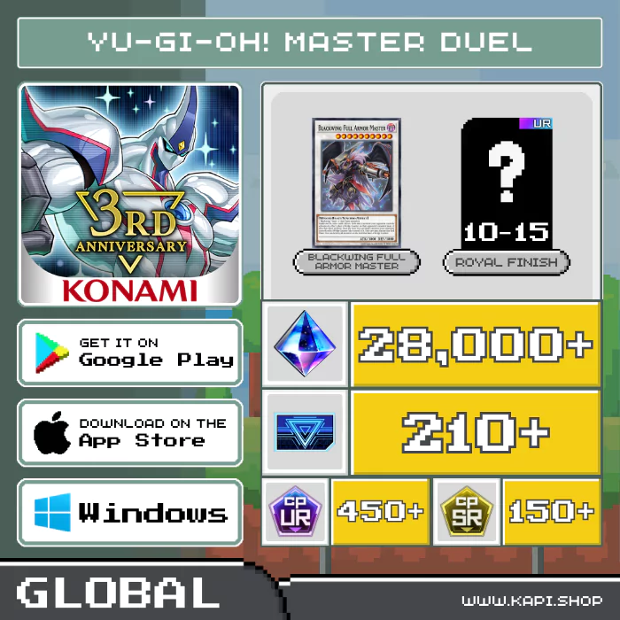 ไอดี Yu-Gi-Oh! Master Duel (Global) - 28,000+ Gems + Blackwing Full Armor Master + สุ่มการ์ด Royal Finish UR 10-15 ใบ