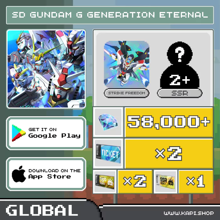 ไอดี SD Gundam G Generation ETERNAL (Global) - 58,000+ Diamonds + Strike Freedom + สุ่มตัวละคร SSR 2 ตัวขึ้นไป