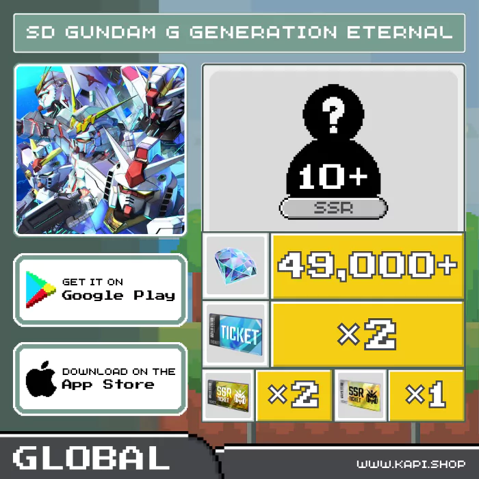 ไอดี SD Gundam G Generation ETERNAL (Global) - 49,000+ Diamonds + สุ่มตัวละคร SSR 10 ตัวขึ้นไป