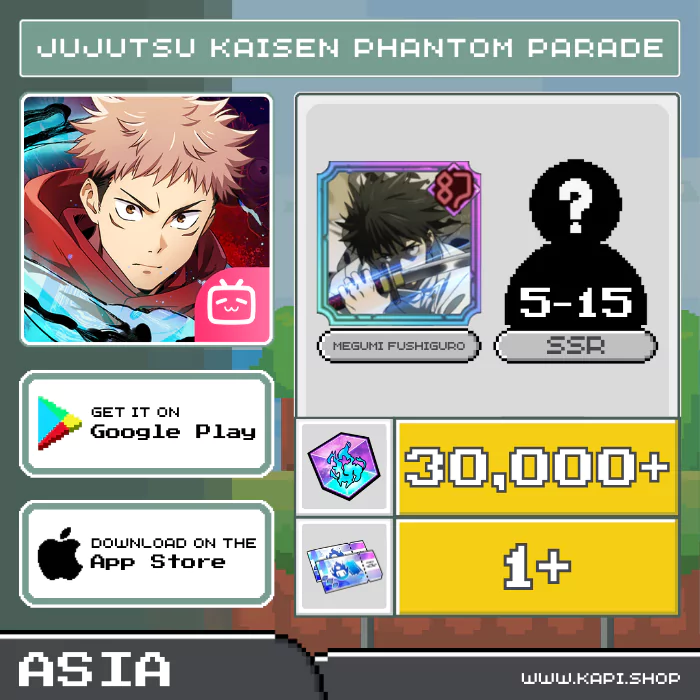 ไอดี Jujutsu Kaisen Phantom Parade (Southeast Asia) - 30,000+ Cubes + ฟุชิงุโระ เมงุมิ + สุ่มความทรงจำ SSR 5-15 อัน