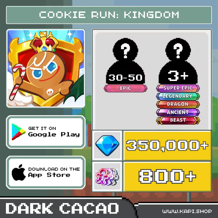 ไอดี Cookie Run: Kingdom (Dark Cacao) - 350,000+ Crystals + สุ่มคุกกี้ Epic 30-50 ตัว + สุ่มคุกกี้ Super Epic, Legendary, Dragon, Ancient, Beast 3 ตัวขึ้นไป