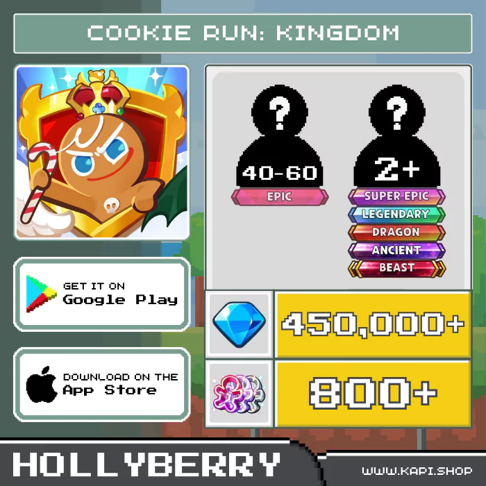 ไอดี Cookie Run: Kingdom (Hollyberry) - 450,000+ Crystals + สุ่มคุกกี้ Epic 40-60 ตัว + สุ่มคุกกี้ Super Epic, Legendary, Dragon, Ancient, Beast 2 ตัวขึ้นไป