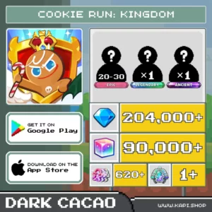 ไอดี Cookie Run: Kingdom (Dark Cacao) - 204,000+ Crystals + สุ่ม Epic 20-30 ตัว + สุ่ม Legendary 1 ตัว + สุ่ม Ancient 1 ตัว