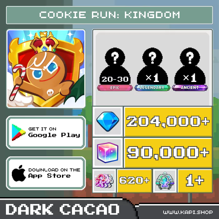 ไอดี Cookie Run: Kingdom (Dark Cacao) - 204,000+ Crystals + สุ่ม Epic 20-30 ตัว + สุ่ม Legendary 1 ตัว + สุ่ม Ancient 1 ตัว