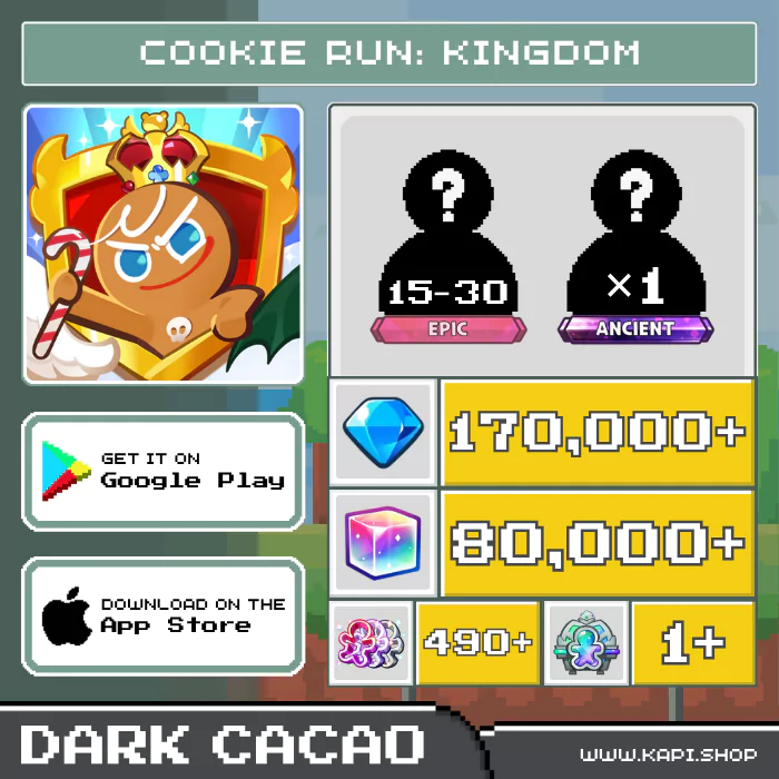 ไอดี Cookie Run: Kingdom (Dark Cacao) - 170,000+ Crystals + สุ่มคุกกี้ Epic 15-30 ตัว + สุ่มคุกกี้ Ancient 1 ตัว