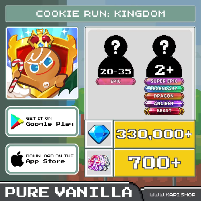 ไอดี Cookie Run: Kingdom (Pure Vanilla) - 330,000+ Crystals + สุ่มคุกกี้ Epic 20-35 ตัว + สุ่มคุกกี้ Super Epic, Legendary, Dragon, Ancient, Beast 2 ตัวขึ้นไป