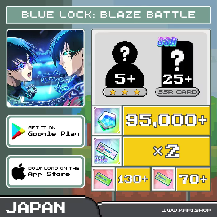 ไอดี Blue Lock: Blaze Battle (Japan) - 95,000+ BL Diamonds + สุ่มตัวละคร 3 ดาว 5 ตัวขึ้นไป + สุ่มการ์ด SSR 25 ใบขึ้นไป
