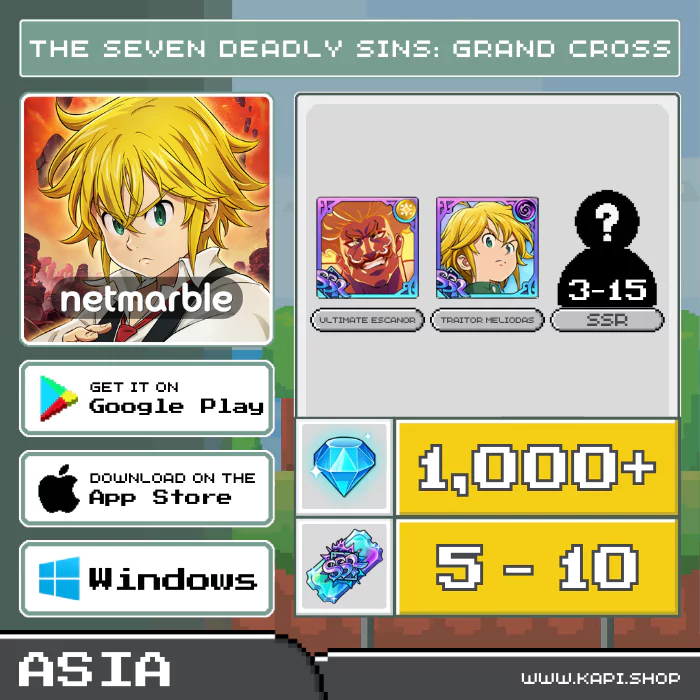 ไอดี The Seven Deadly Sins: Grand Cross (Asia) - 1,000+ Diamonds + Ultimate Escanor + Traitor Meliodas + สุ่มตัวละคร SSR/UR 3-15 ตัว