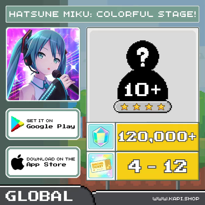 ไอดี HATSUNE MIKU: COLORFUL STAGE! (Global) - 120,000+ Crystals + สุ่มตัวละคร 4 ดาว 10 ตัวขึ้นไป