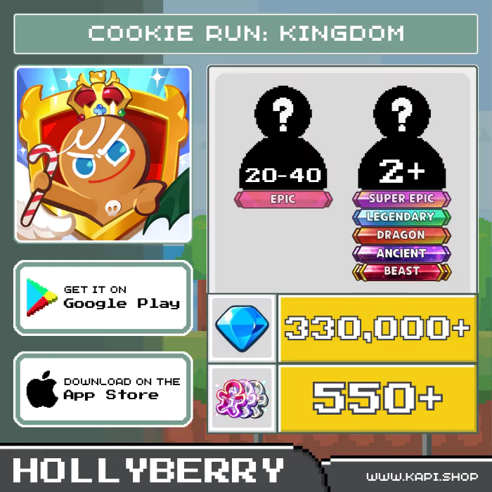 ไอดี Cookie Run: Kingdom (Hollyberry) - 330,000+ Crystals + สุ่มคุกกี้ Epic 20-40 ตัว + สุ่มคุกกี้ Super Epic, Legendary, Dragon, Ancient, Beast 2 ตัวขึ้นไป