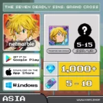 ไอดี The Seven Deadly Sins: Grand Cross (Asia) - 1,000+ Diamonds + Traitor Meliodas + สุ่มตัวละคร SSR/UR 5-15 ตัว