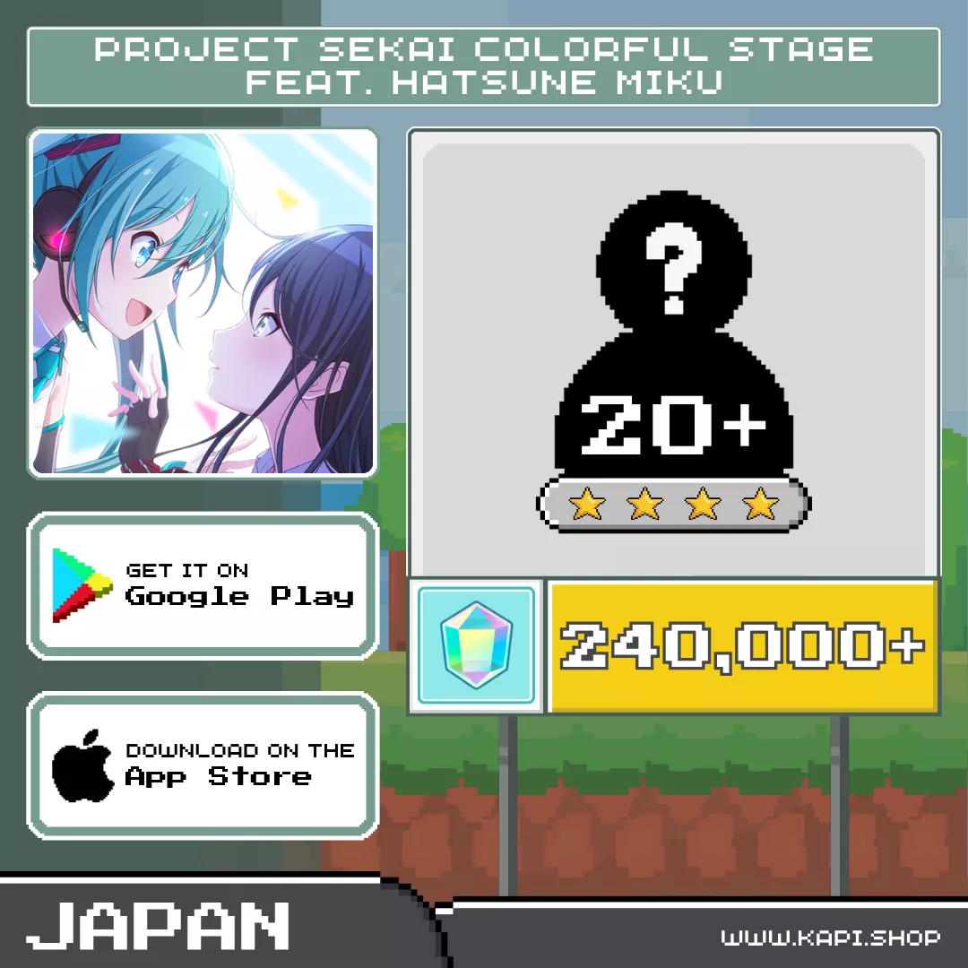 ไอดี Project Sekai Colorful Stage Feat. Hatsune Miku (Japan) - 240,000+ Crystals + สุ่มตัวละคร 4 ดาว 20 ตัวขึ้นไป ไอดี Project Sekai Colorful Stage Feat. Hatsune Miku (Japan) - 240,000+ Crystals + สุ่มตัวละคร 4 ดาว 20 ตัวขึ้นไป