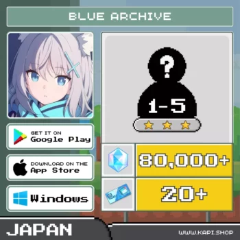 ไอดี Blue Archive (Japan) - 80,000+ Pyroxene + สุ่มตัวละคร 3 ดาว 1-5 ตัว