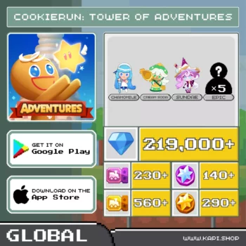 ไอดี CookieRun: Tower of Adventures (Global) - 219,000+ Crystals + คาโมมายส์ + ครีมโซดา + ซันเด + สุ่มคุกกี้ระดับ Epic 5 ตัว
