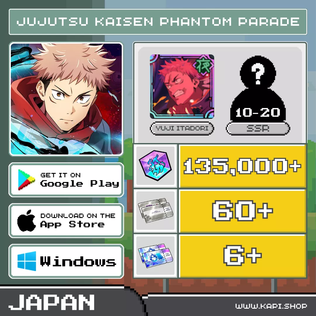 ไอดี Jujutsu Kaisen Phantom Parade (Japan) - 135,000+ Cubes + Yuji Itadori + สุ่มความทรงจำ SSR 10-20 อัน ไอดี Jujutsu Kaisen Phantom Parade (Japan) - 135,000+ Cubes + Yuji Itadori + สุ่มความทรงจำ SSR 10-20 อัน