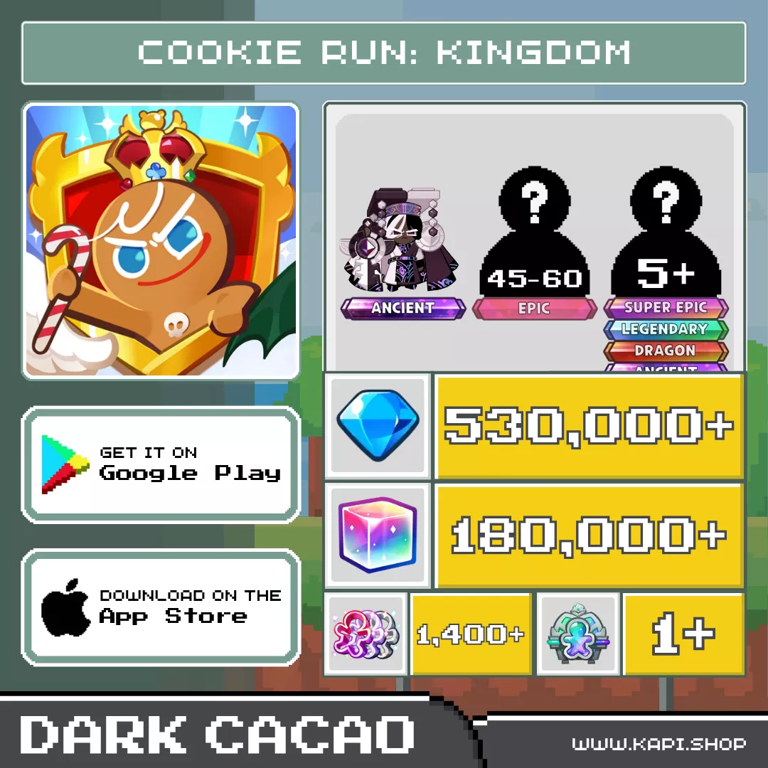 ไอดี Cookie Run: Kingdom (Dark Cacao) - 530,000+ Crystals + Dark Cacao Cookie (Dragon Lord) + สุ่มคุกกี้ต่างๆ ไอดี Cookie Run: Kingdom (Dark Cacao) - 530,000+ Crystals + Dark Cacao Cookie (Dragon Lord) + สุ่มคุกกี้ต่างๆ